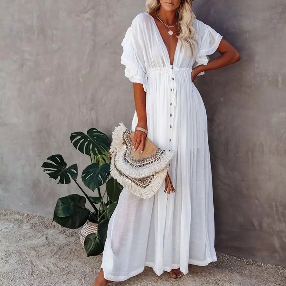 New White Sands Gauze Boho Button Flutter Maxi Butterfly Arms Dress - Picture 9 of 12